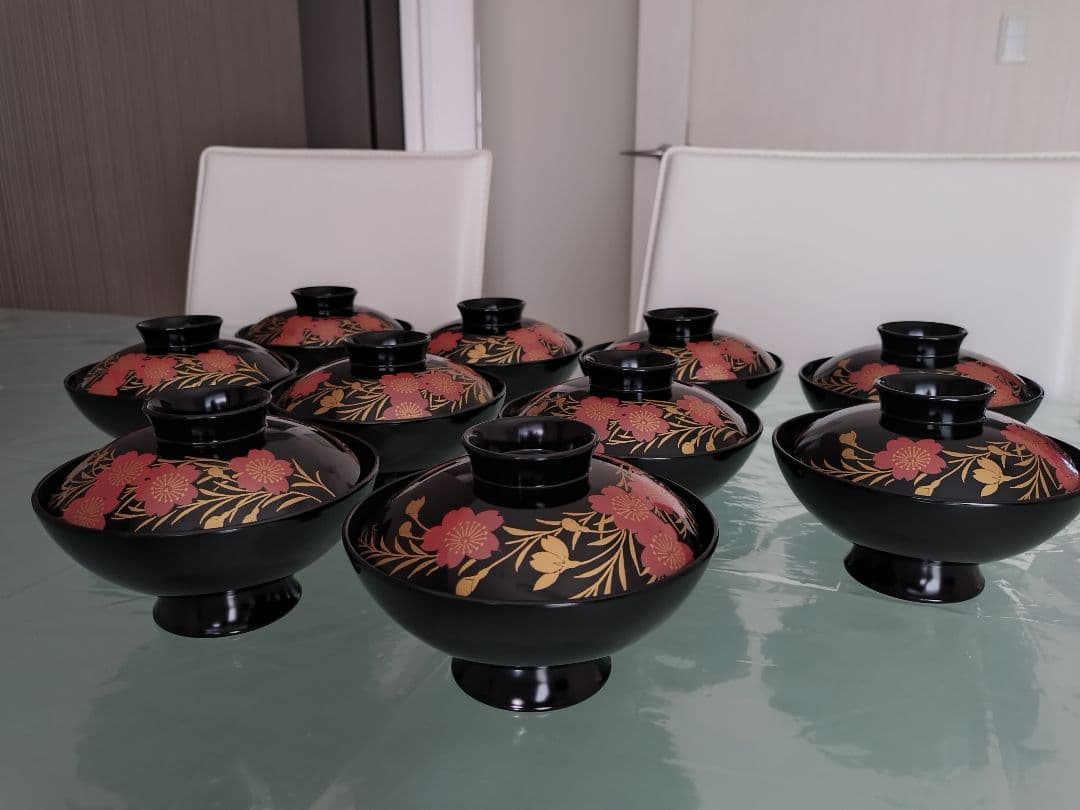 花柄金箔装飾 蓋付き椀 木曽 漆器 漆塗