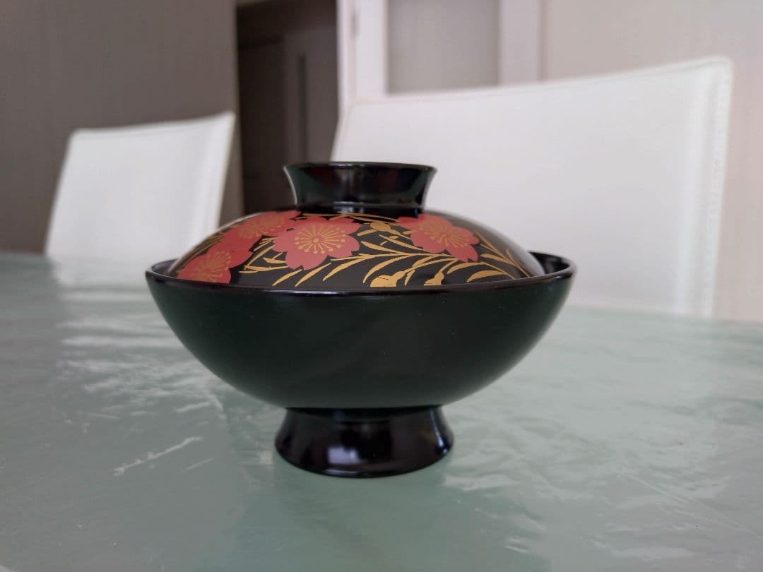 花柄金箔装飾 蓋付き椀 木曽 漆器 漆塗