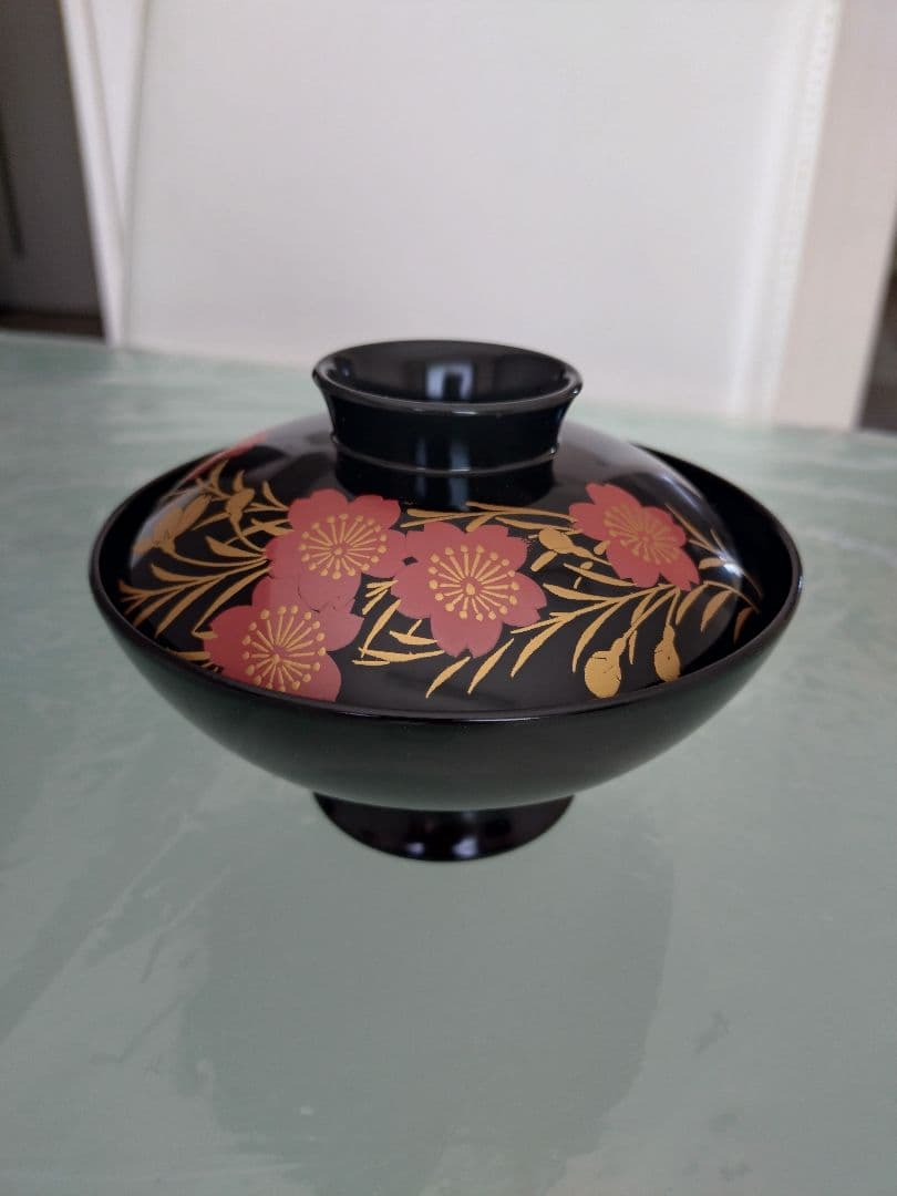 花柄金箔装飾 蓋付き椀 木曽 漆器 漆塗