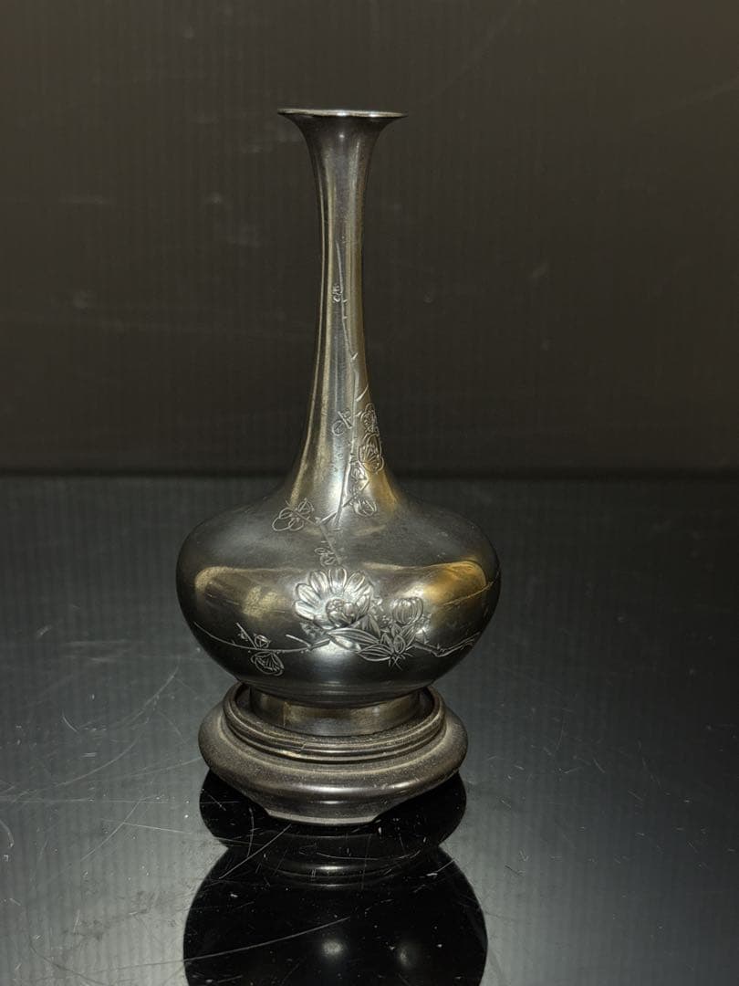 明治期 純銀 在銘 細密彫金 花図 花瓶 花生 約84.5g