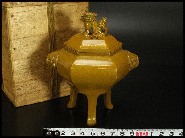香炉 獅子双耳 三足香炉 金属製 木箱付(メ1186)