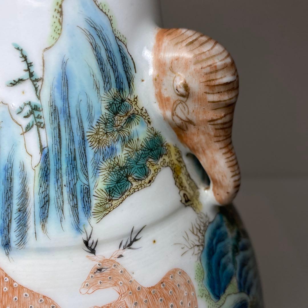 専用　中国清時代大清乾隆年製粉彩鹿の図花瓶　高さ21.3㎝東Y7-0314☆2F