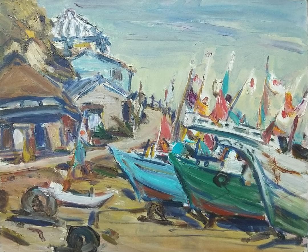 「正月の漁村」川津浜 F8 油絵 絵画 油彩画 日本 日の丸 国旗