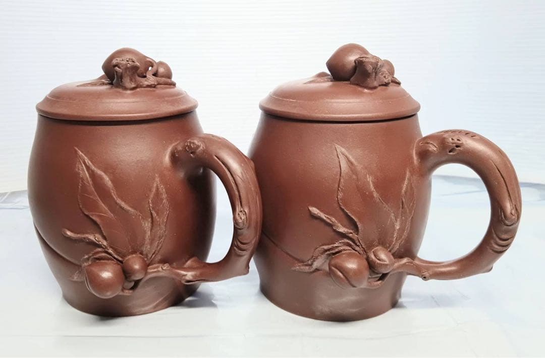 中国 茶器 マグカップ 蓋付き 桃 2客 ペアセット 刻印有 骨董 アンティーク