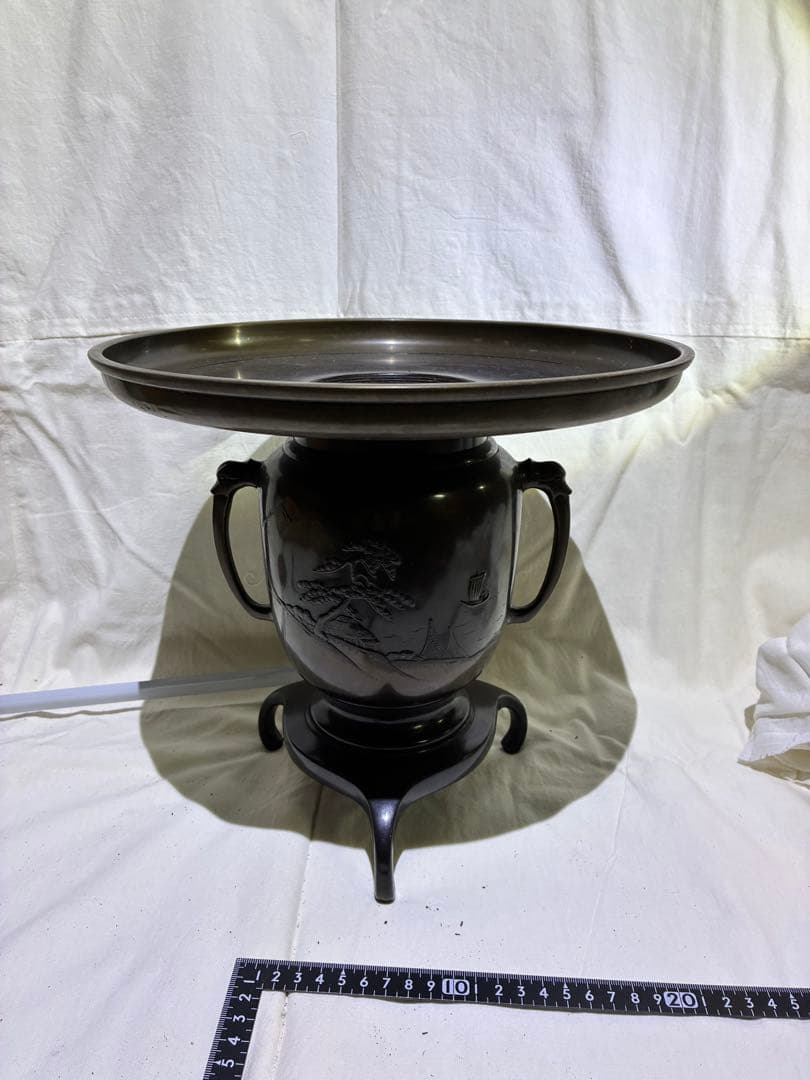 銅製 花器 山水彫刻 台付 花瓶 骨董