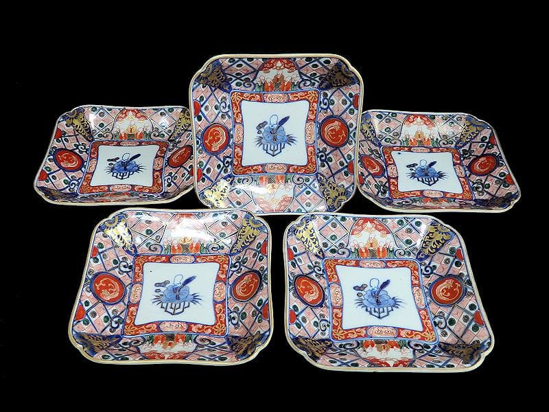 大聖寺伊万里　金襴手　団龍紋に仙人の図　四方皿　５枚　E076AS-BSx