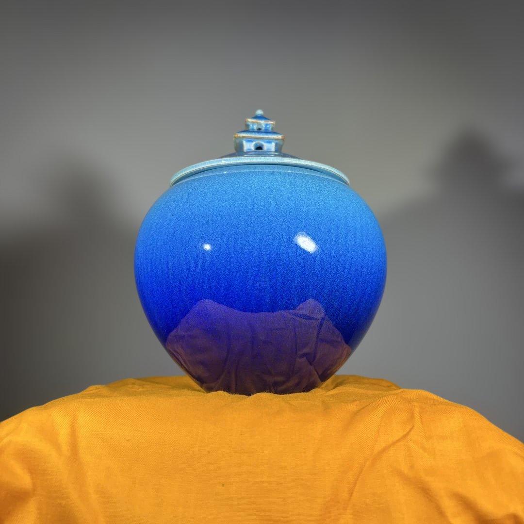 真作　木村芳郎　碧釉蓋付壷　高さ約16センチ