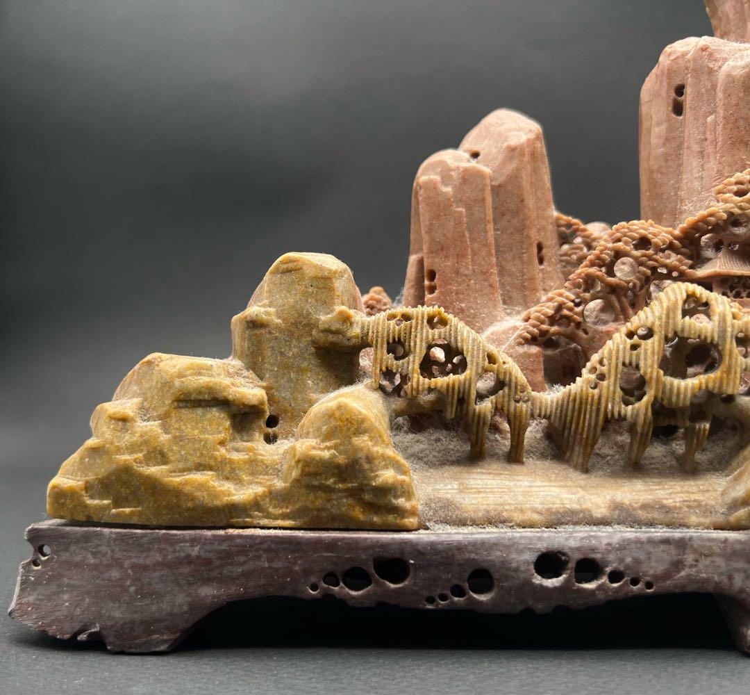 中国美術 中国古玩 時代物 山水風景 寿山石彫 彫刻 中人民共和国制造 置物