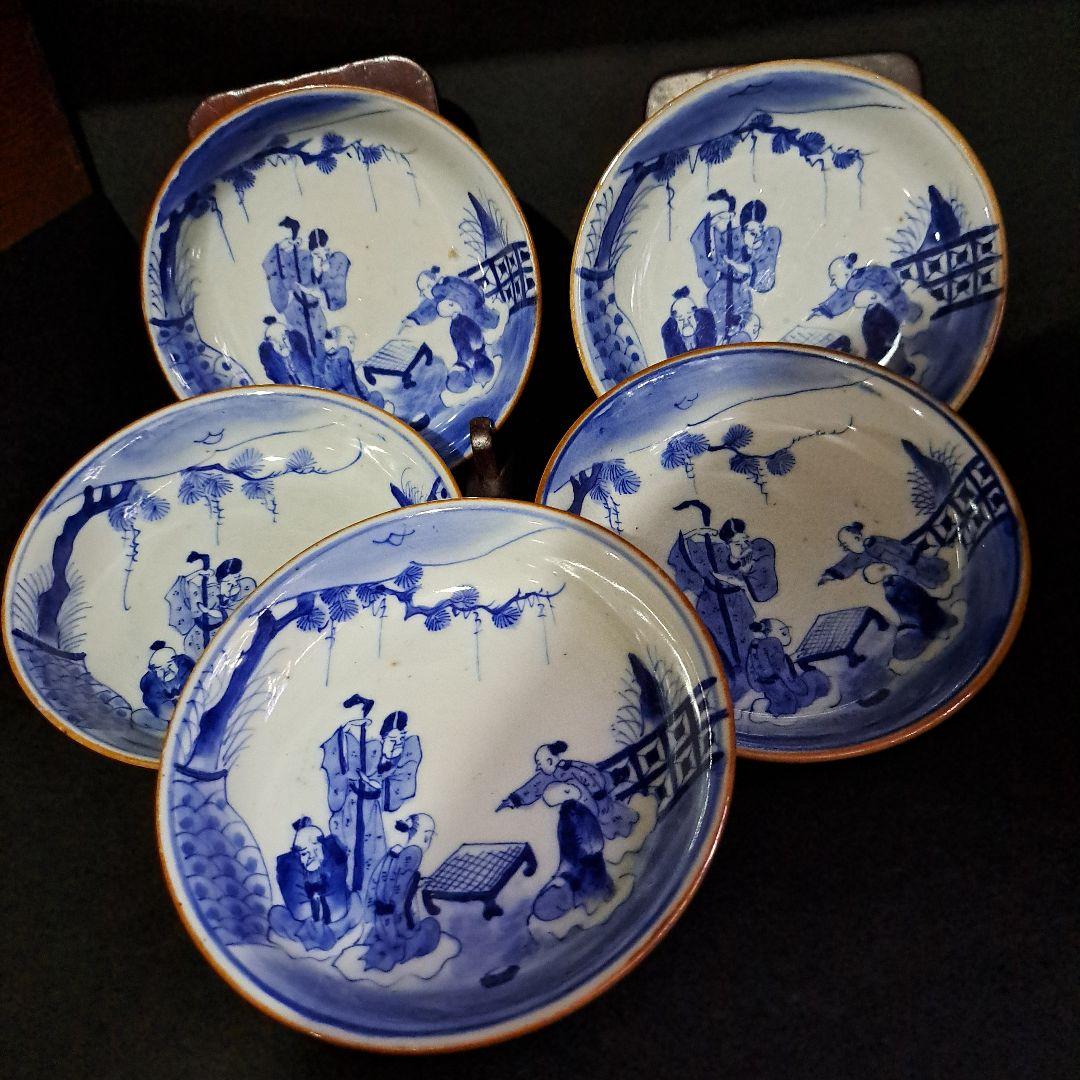中国古玩　大清成化年　取皿　　山水人物図　染付青磁　五客セット