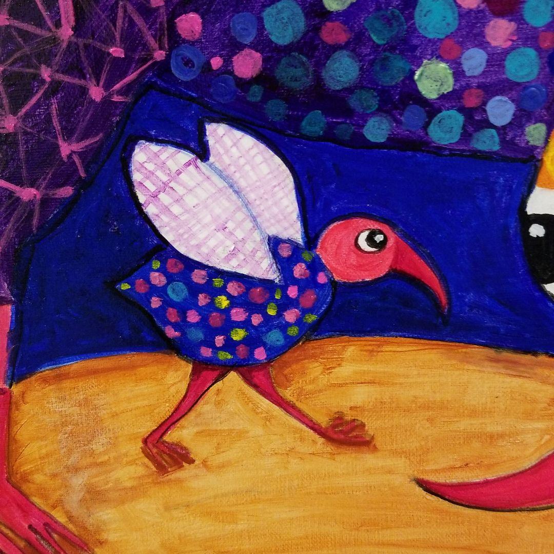 油絵　けい　羽ばたく練習を見る鳥