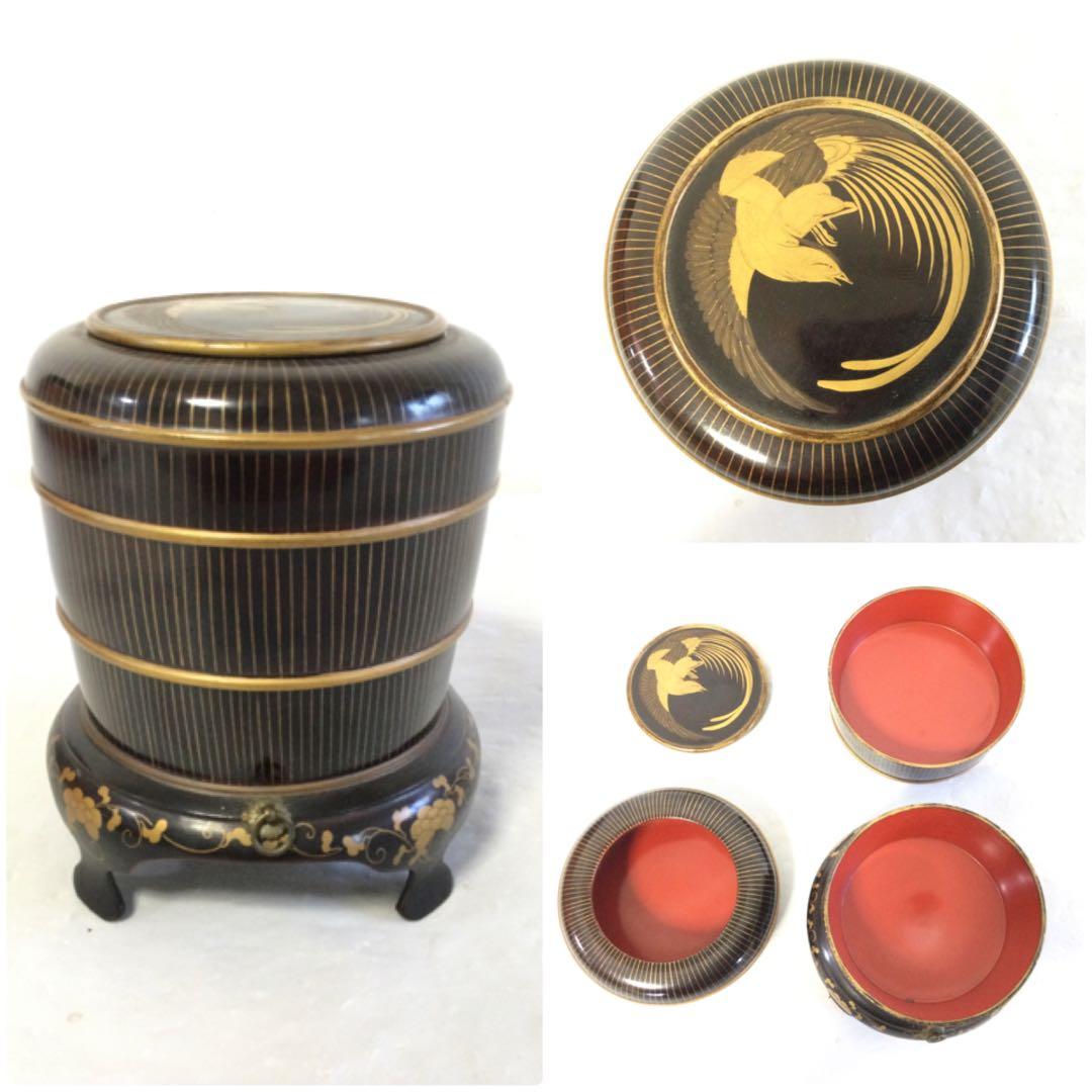 漆芸 鳳凰蒔絵 足付段重 蓋物 骨董 時代物 Mラ