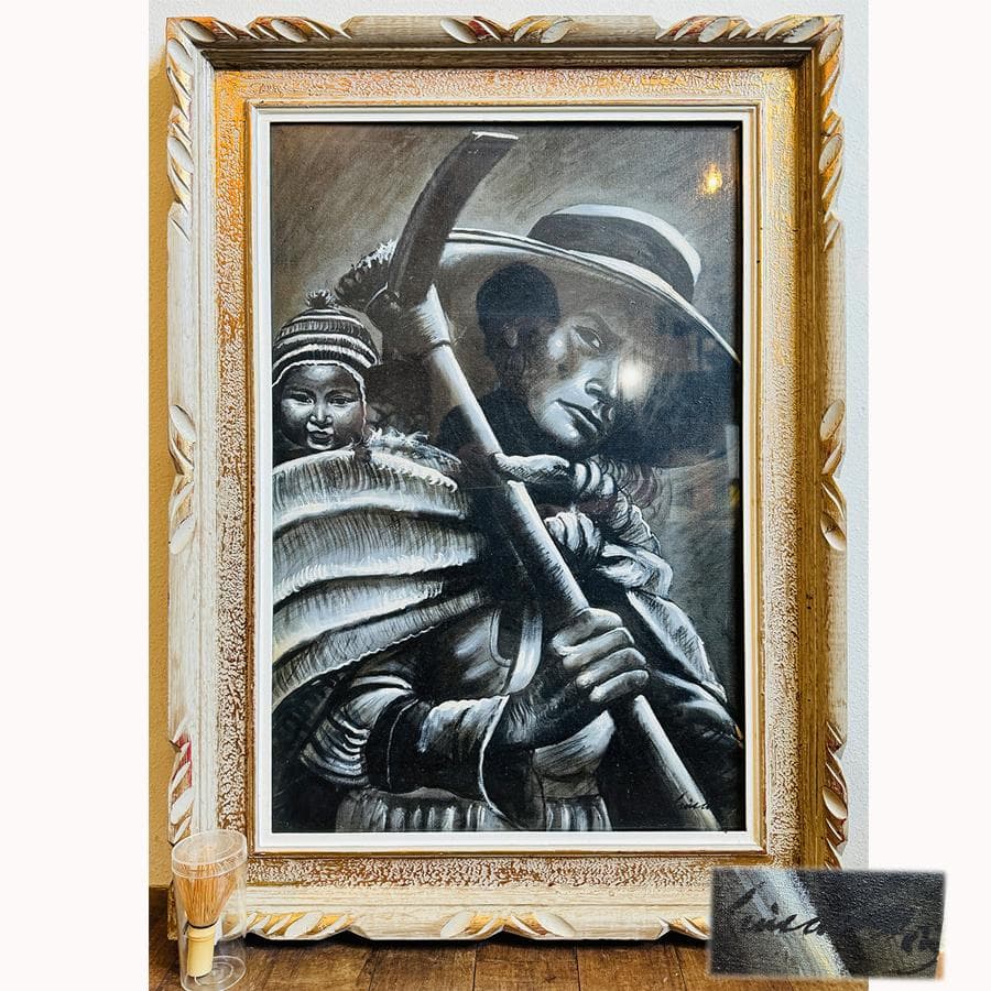 モノクロ肉筆画 母子と農具の肖像画 力強い表情 M20号額縦86cm横64cm