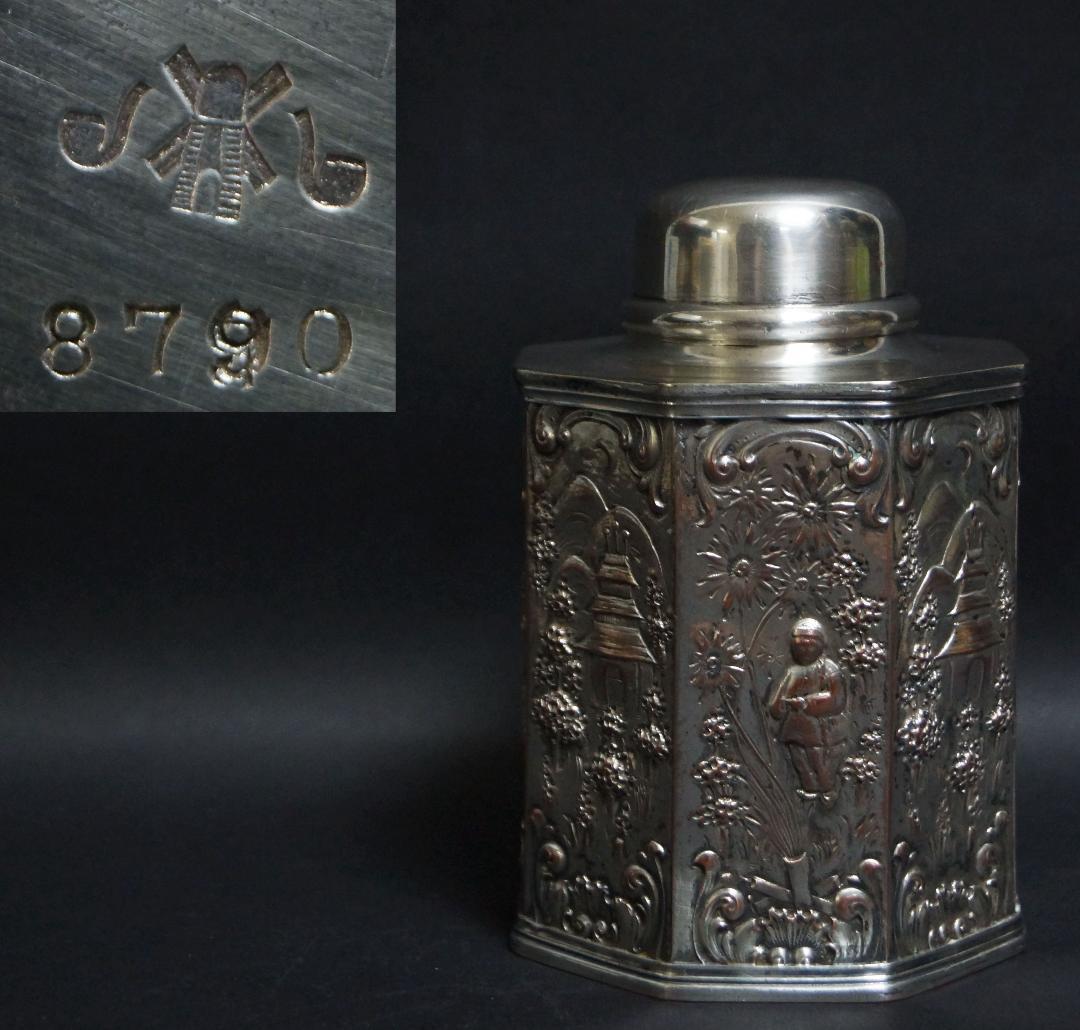 ヴィンテージ 銅地銀メッキ 面取茶入 打出細工『風景楼閣人物図』ホールマーク付き