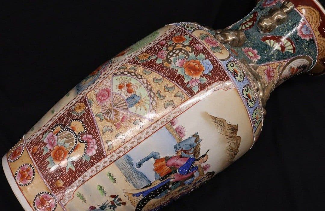 薩摩焼 特大78cm 花瓶 金彩色絵 飾壺 大壷 金襴手 美人画 中国古玩