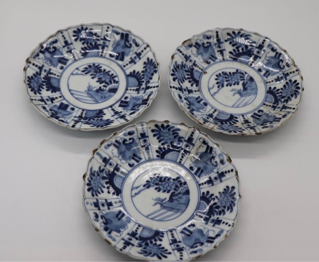 中国　明時代　染付花卉昆虫紋皿3点　送料込み0201