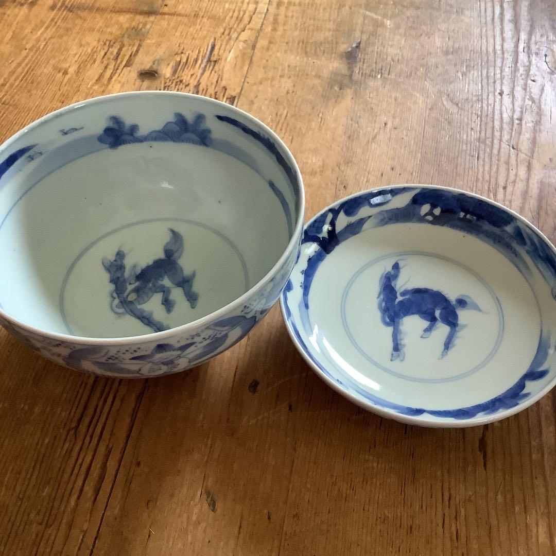 古伊万里☆蓋物大ぶり茶碗☆線描き☆麒麟の図☆江戸後期