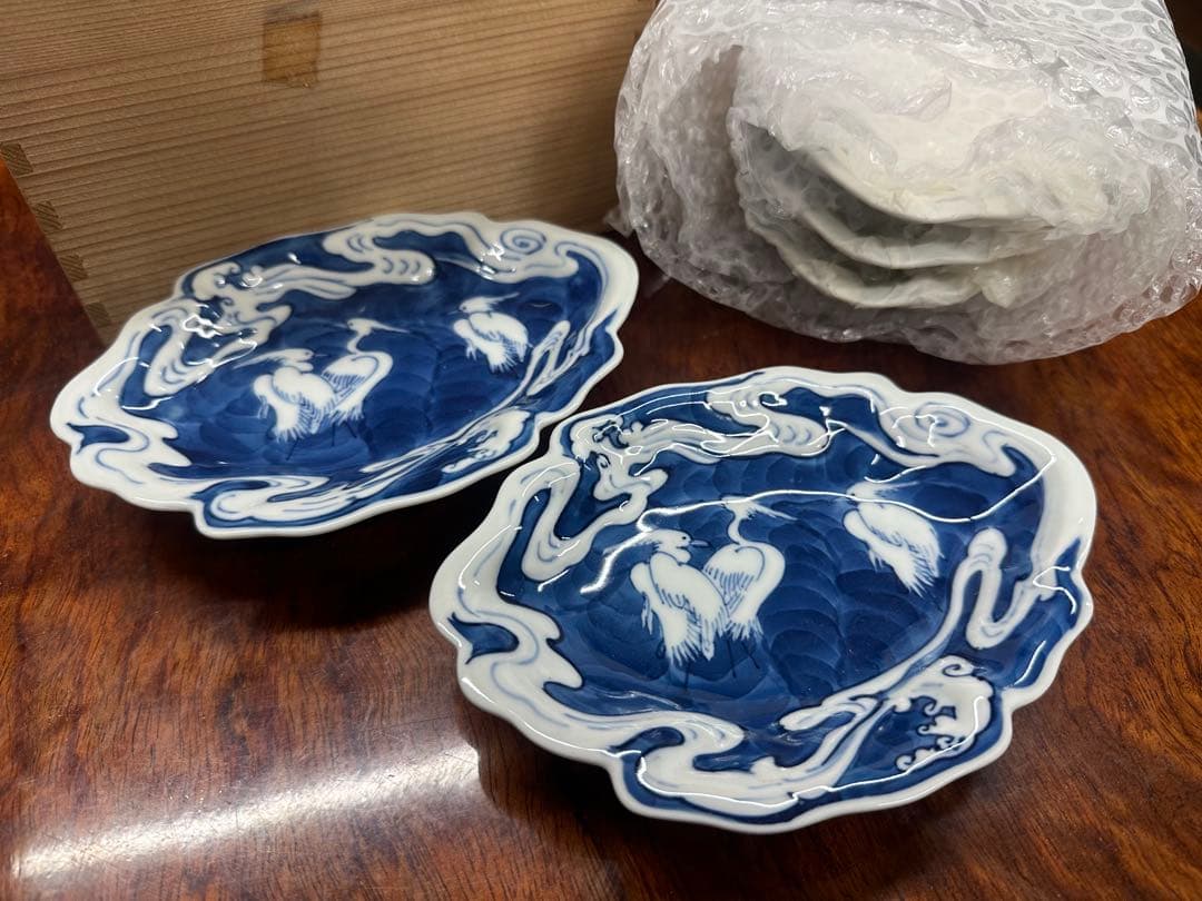 鍋島写　染付鷺絵皿　５枚セット