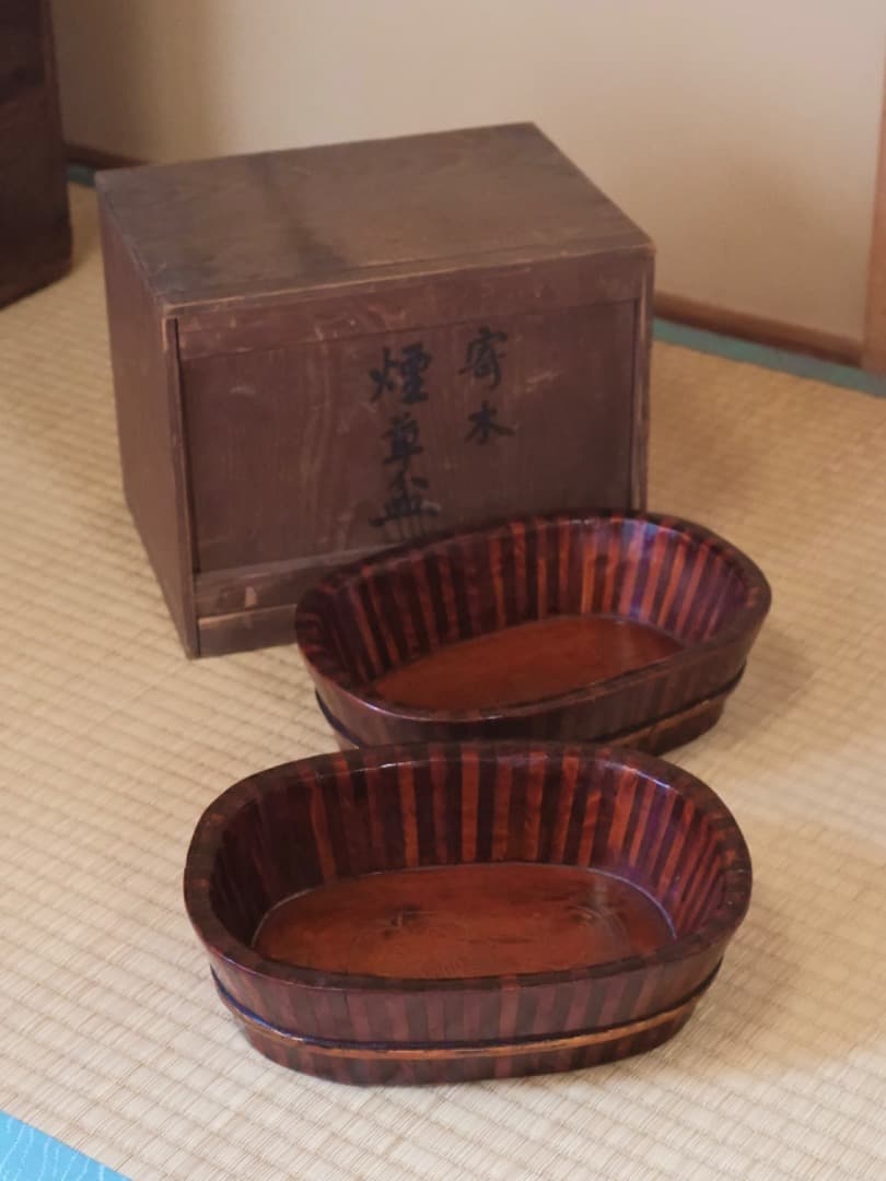 永泰祥造　唐木　寄木煙草盆　漆工芸　箱付　煙道具　茶道具Q2330