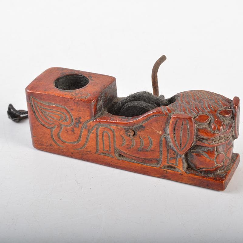 朝鮮美術　李朝　木彫　神獣刻　墨壷　V　R7245