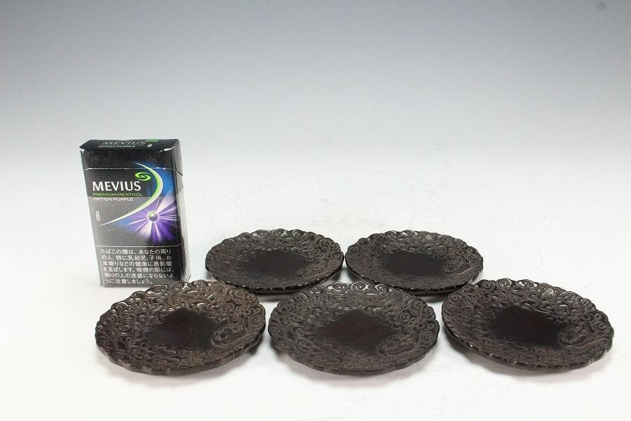 紫檀 雲鶴 細密彫刻 小皿 五枚(K-A719)