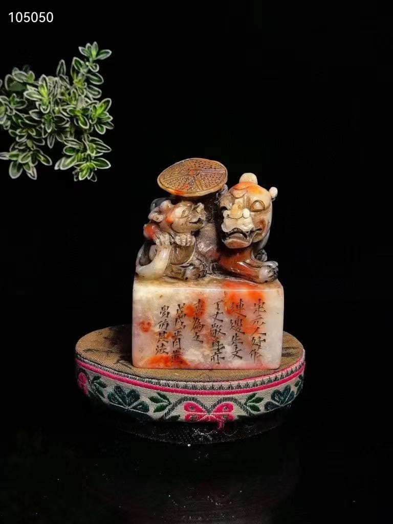 中国古美術・瑞獣賜宝印鑑・純手彫り・寿山石極品紅花凍芙蓉の印鑑・置物・文房具・