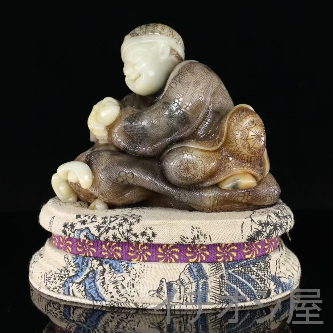 中国古美術 寿山石白芙蓉石 招財進宝人物彫刻置物 全身描花彩色 手彫細工 開運