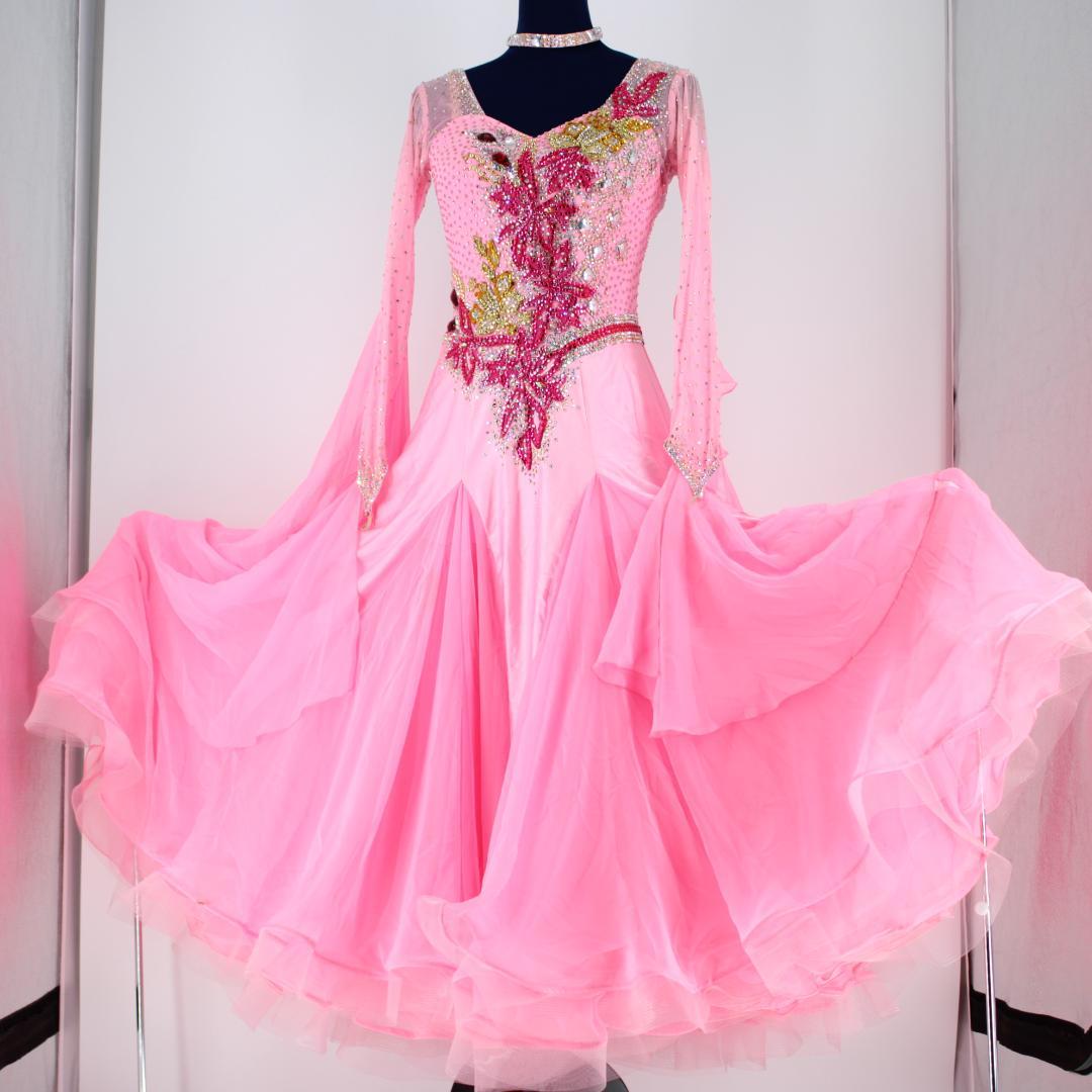 【美品 社交ダンス衣装】ピンク ワンピース ドレス ラインストーン チョーカー