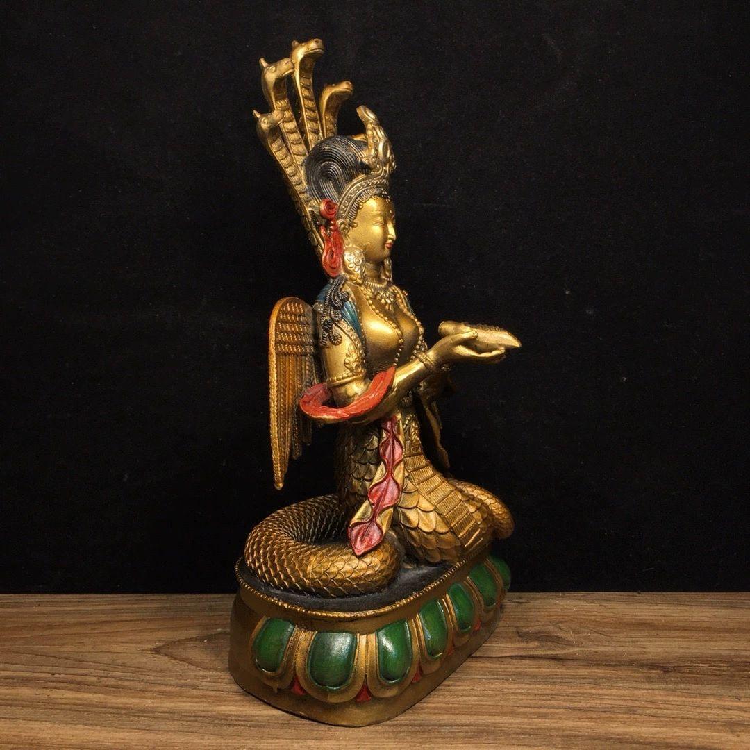 铜制 竜樹仏母 龙胜观音佛像 女娲蛇仙 蛇女 開運 風水 招財 置物 工芸品
