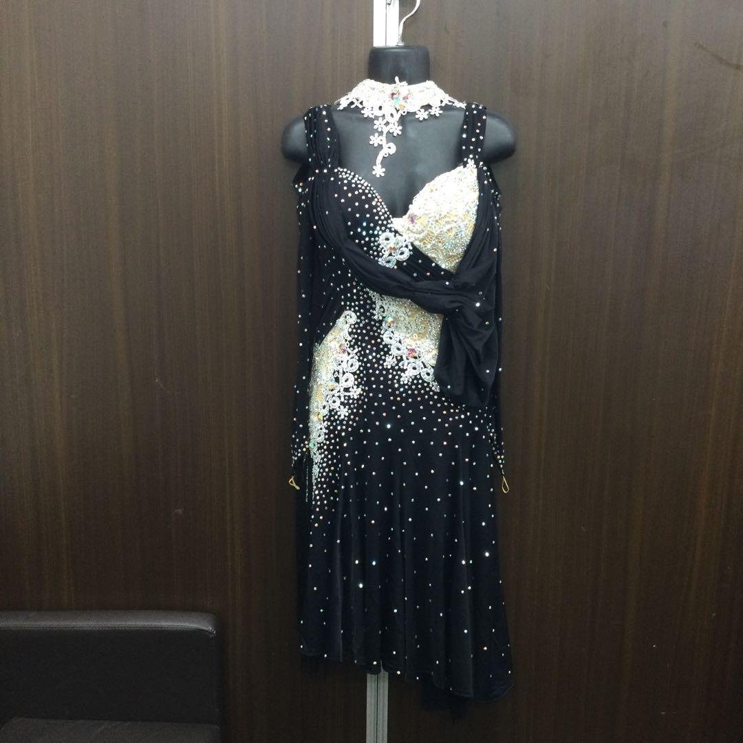 社交ダンス ワンピース M 黒×白 スワロフスキー