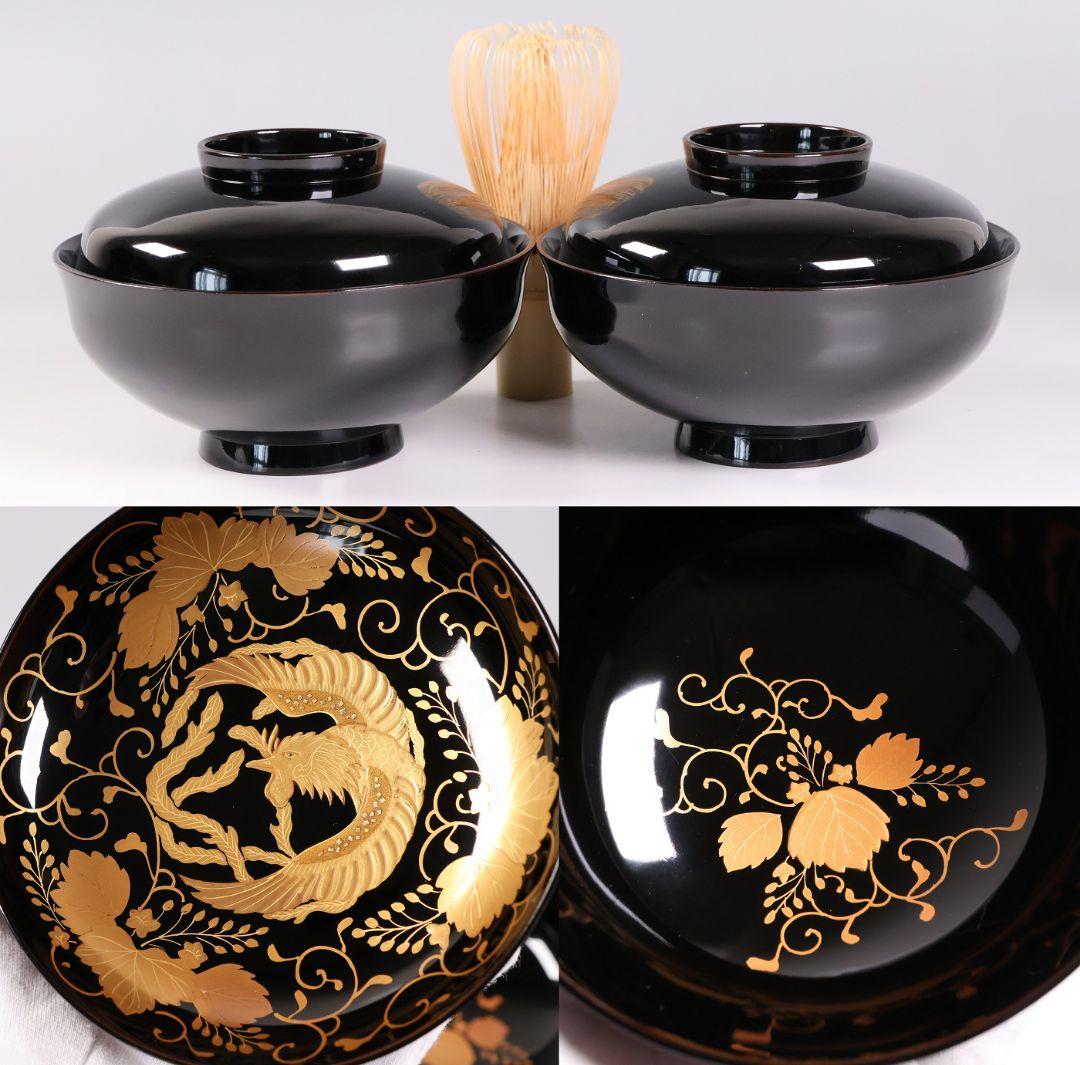 【MB193】天然木漆塗 鳳凰桐唐草 金蒔絵 黒塗 吸物椀 二客 大正昭和