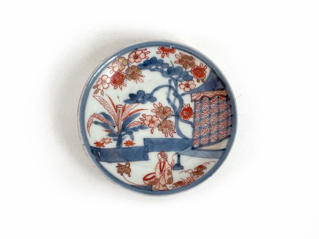 骨董　アンティーク　古伊万里　金襴手　色絵　金彩犬の散歩図　小皿　三寸皿　狗