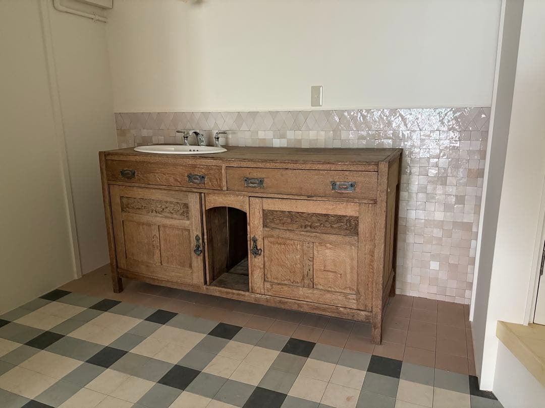 フレンチシャビーアンティーク 木製洗面台 陶器製洗面ボウル付き