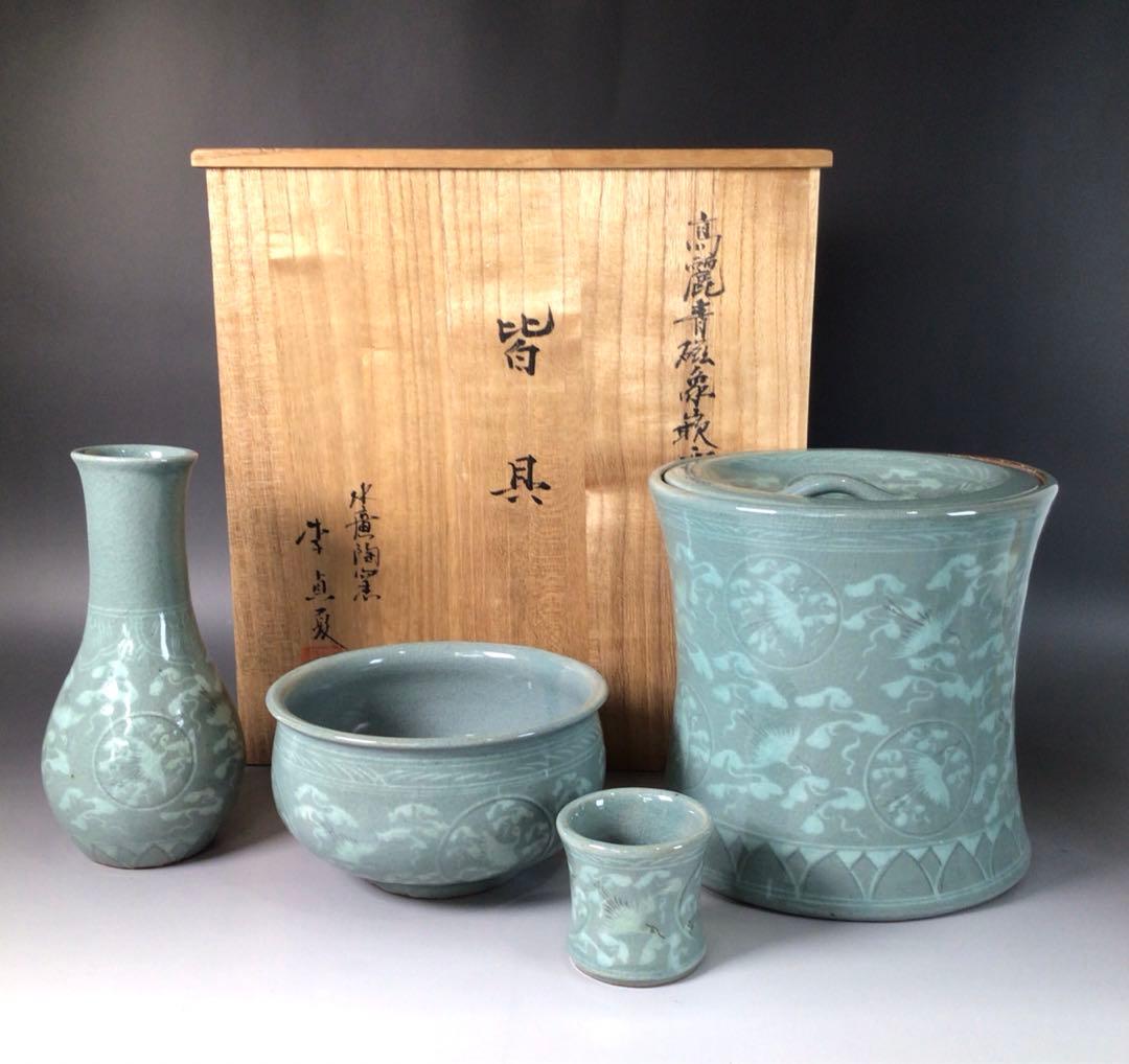 Ｒ９４１　皆具　『李貞夏造』『象嵌雲鶴文』『高麗青磁皆具』　共箱　茶道具