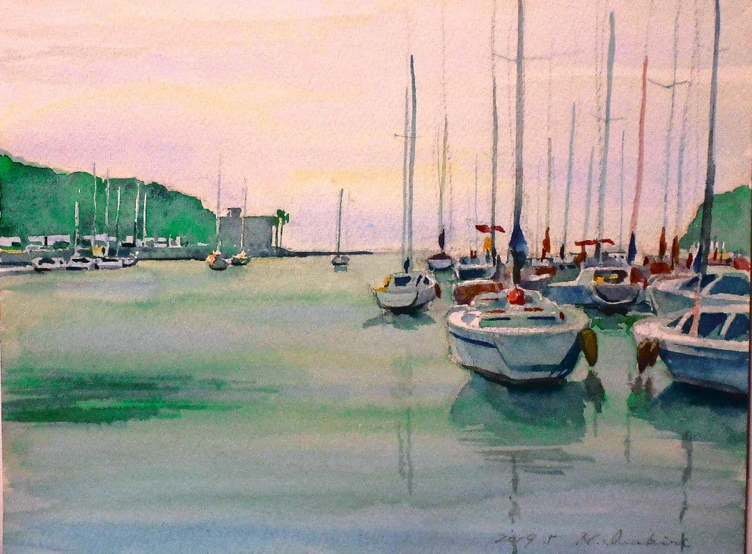 諸磯湾のヨット風景 (水彩画 額装済み)