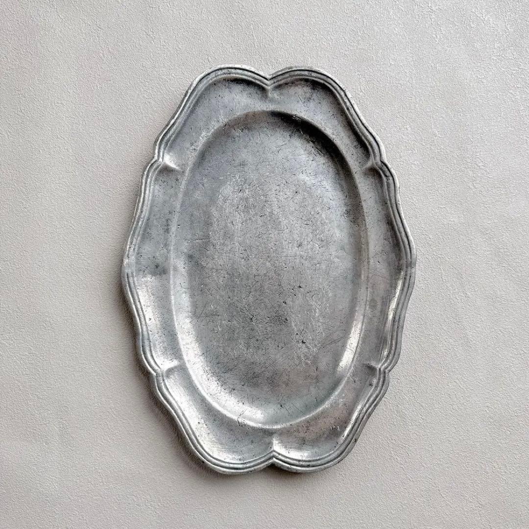 フランス アンティーク ピューター 花リム 大判 オーバルプレート 36cm