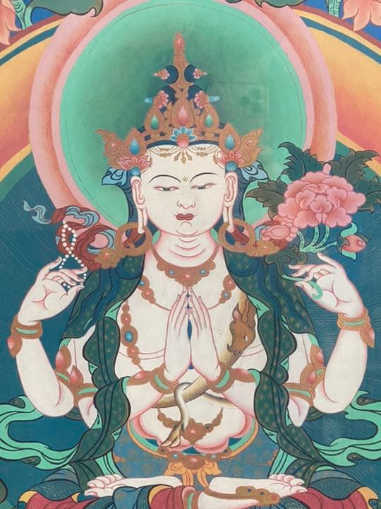 チベット　観音菩薩のタンカ　仏画　額入り
