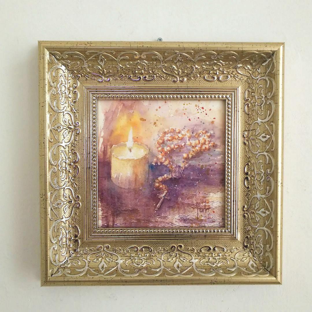 癒しの水彩画1128 ロザリオとキャンドル