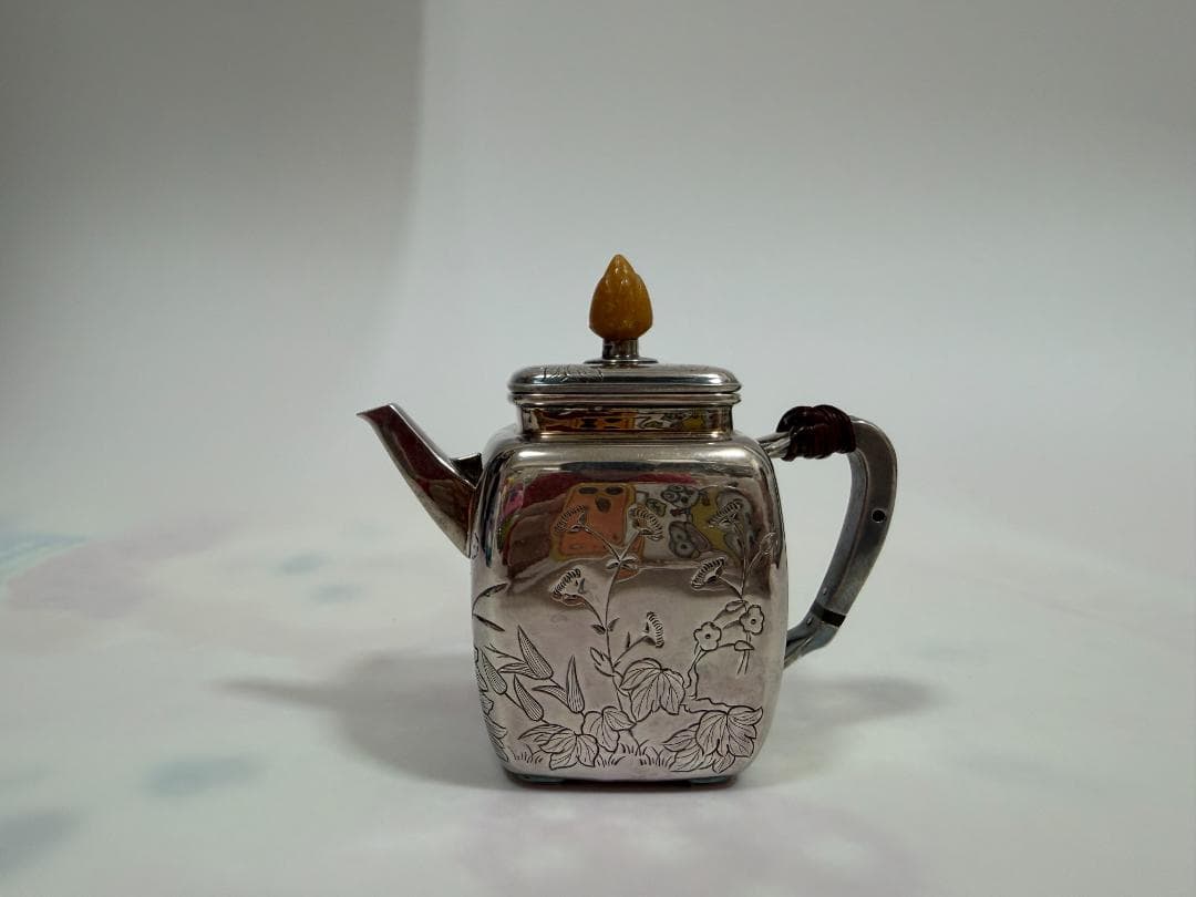 純銀製 四面取 草花文様 玉石摘 急須 銀瓶 煎茶道具