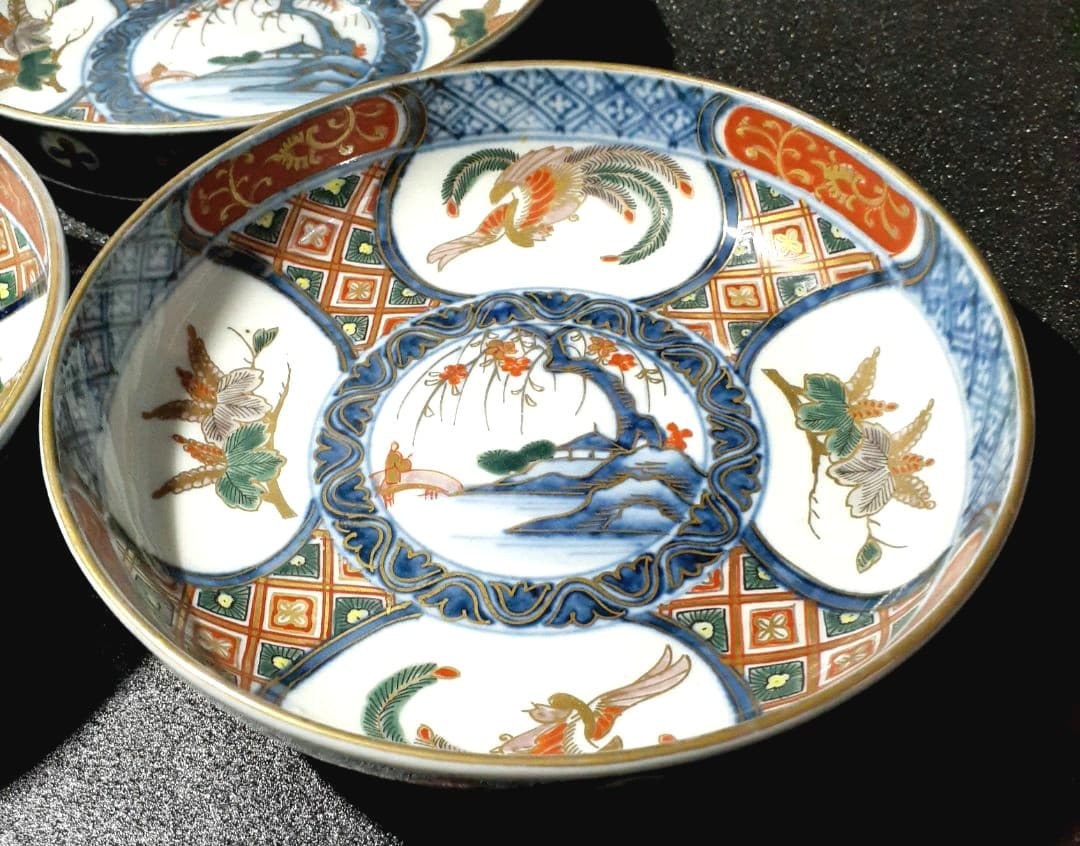 江戸時代後期　献上古伊万里　染錦　鳳凰に桐葉文様　15.4cm   深皿　5客