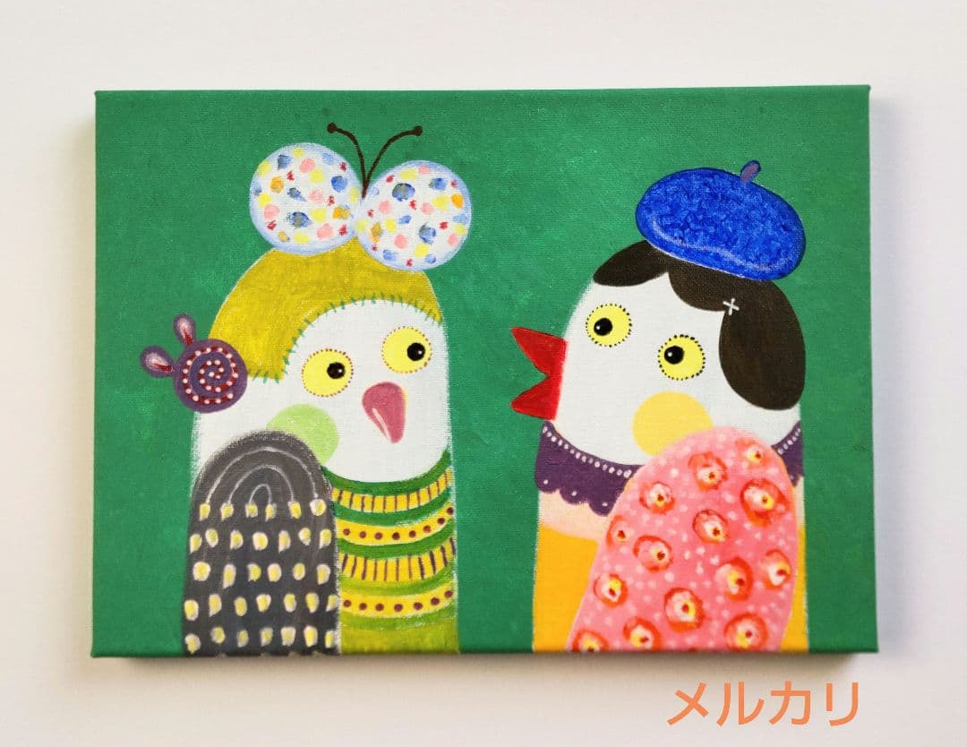 絵画 原画『話せる聞ける』キャンバス(F4号) 一点物 真作 鳥 インテリア