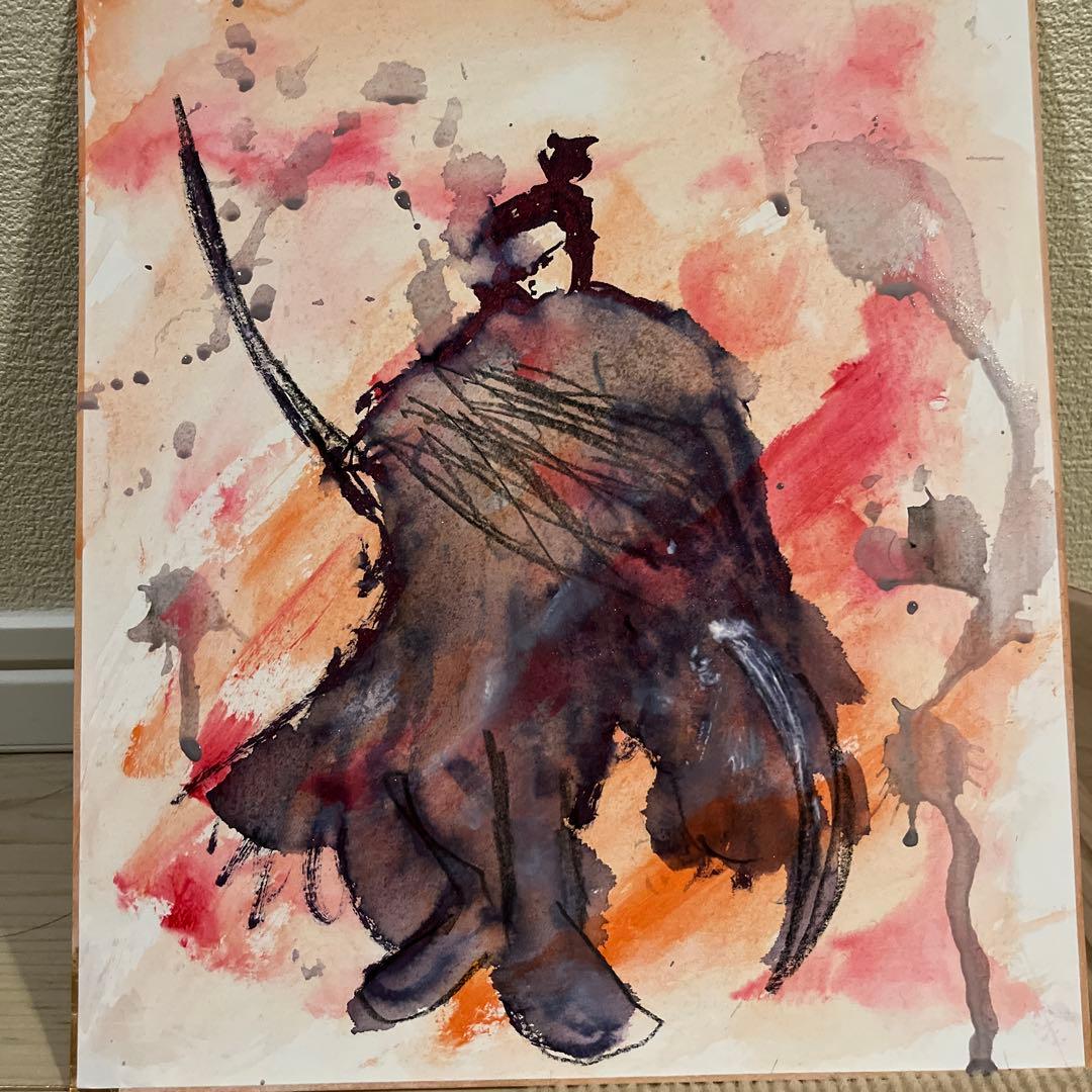 武士と馬の水墨画色紙サイズ　フレームなし