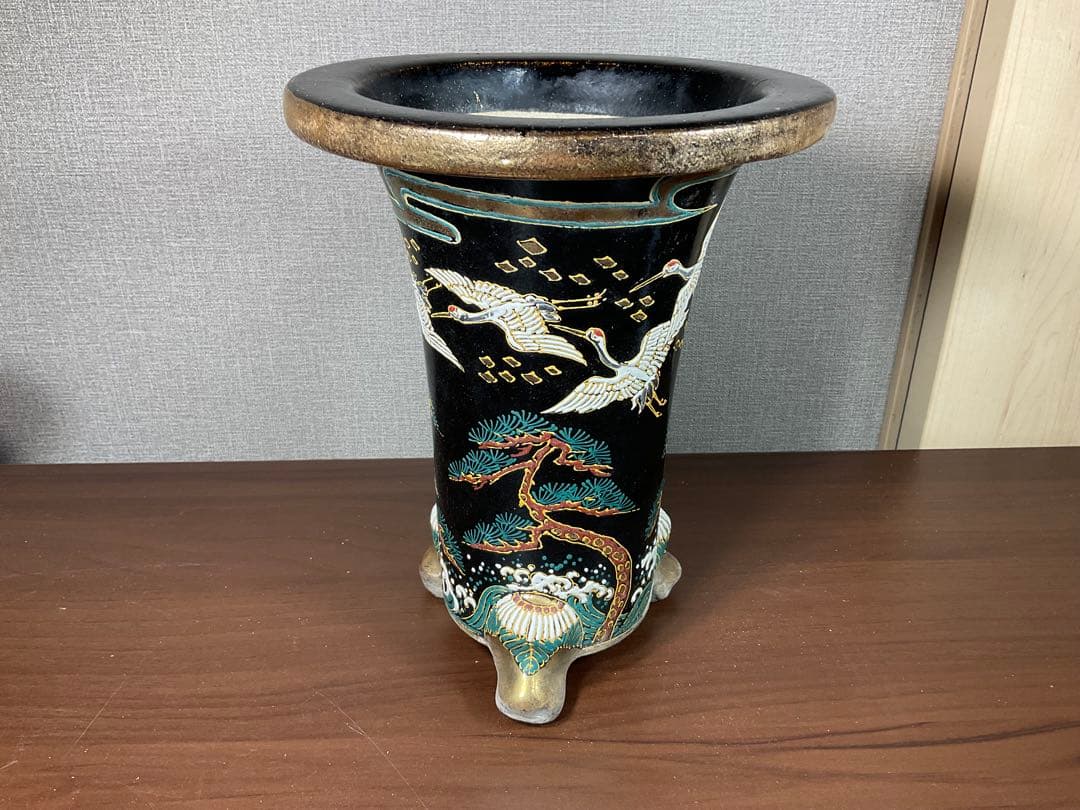 古い蘭鉢「陶香園 龍山在銘品」鶴絵付万年青鉢古美術品(植木鉢盆栽鉢蘭寒蘭旧家)