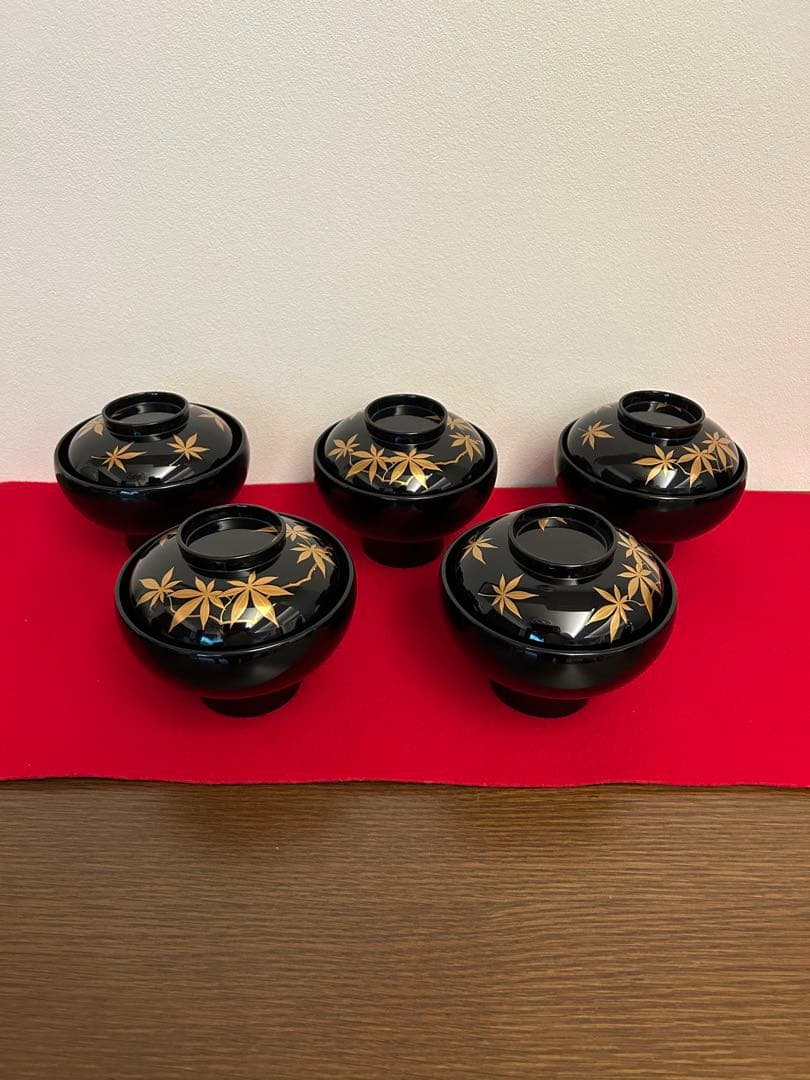 輪島塗　大椀　紅葉蒔絵五客