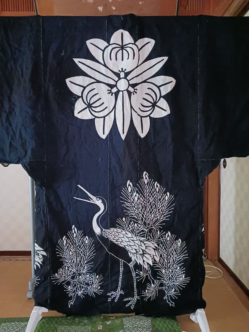 古布　夜着　綿　藍染　筒描き　家紋　鶴松　一枚