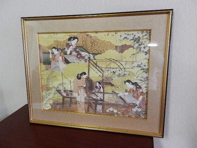 額装正絹染め江戸時代風俗絵「職人尽絵・機織図（しょくにんづくしえ・はたおりず）」