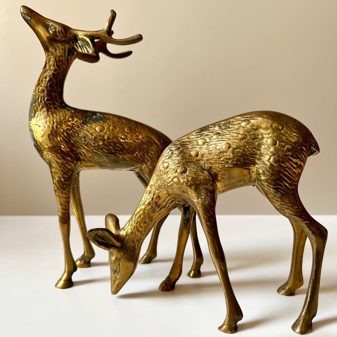 金属　真鍮　鹿　ペア　置物　大
