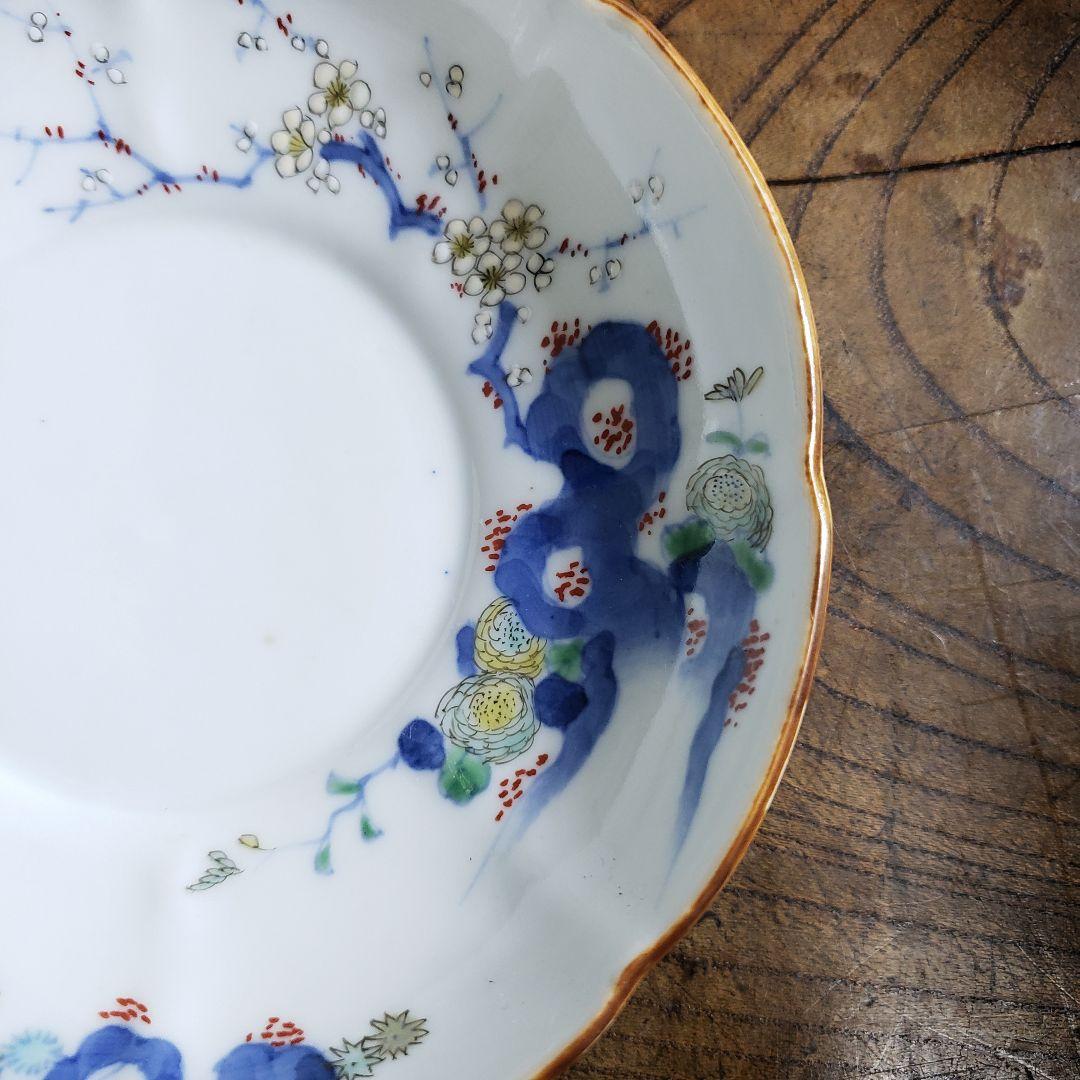 八花弁皿　染付　色絵付　取り皿　なます皿　岩　梅　菊　銘　明治　ハ号