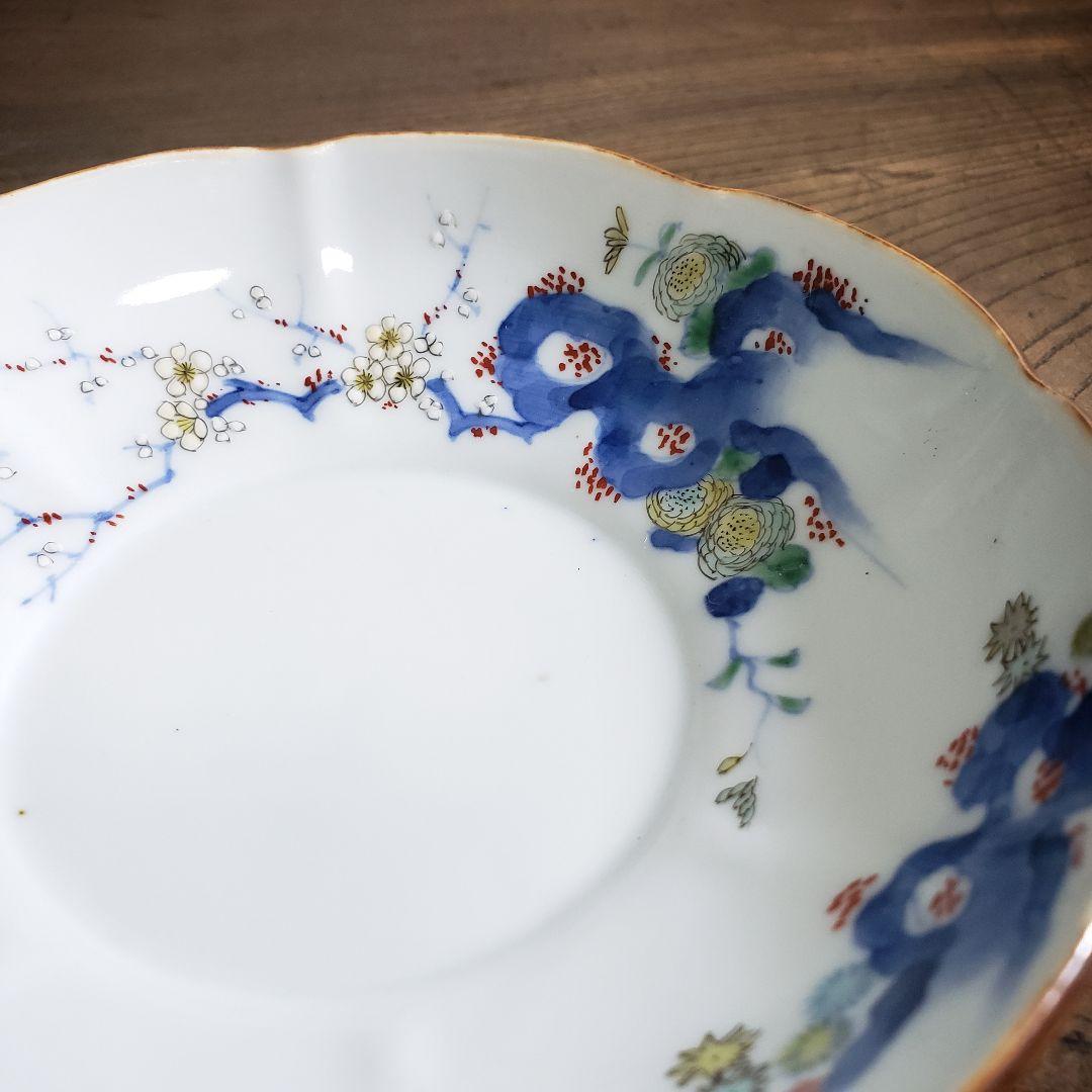 八花弁皿　染付　色絵付　取り皿　なます皿　岩　梅　菊　銘　明治　ハ号