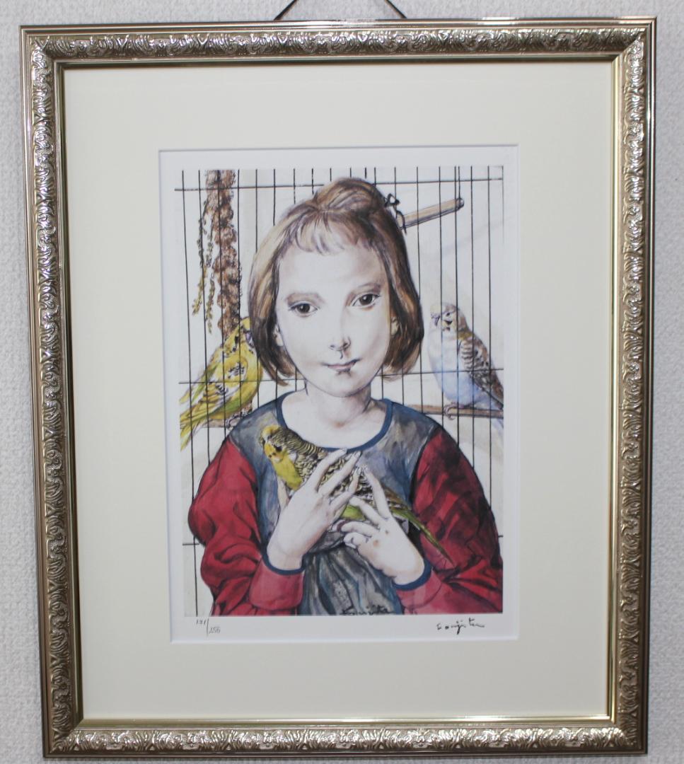 藤田嗣治 エスタンプリトグラフ「鳥を持つ少女」 171/250