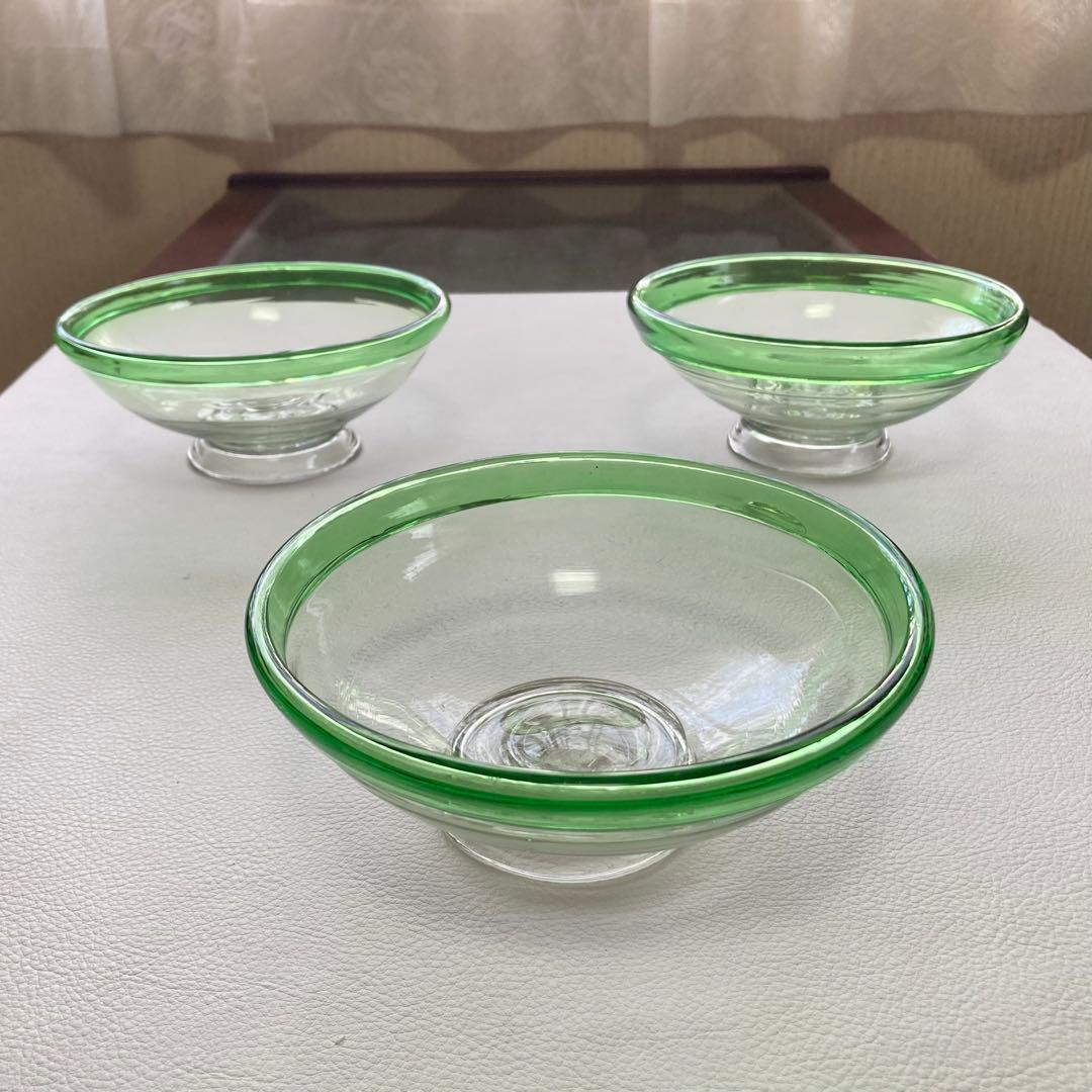 古いガラス鉢 かき氷 カップ ボウル 食器 花器 グリーン 3点 骨董 レトロ